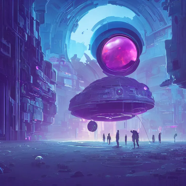 Image similar to a circle!! portal structure floating in space!!, cyberpunk, epic surrealism, indigo, purple, cyan, detailed digital matte painting in the style of simon stalenhag and painting by ralph mcquarrie