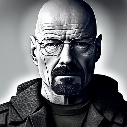 Prompt: Photo of Walter White wearing heavy modern military gear and holding a bulletproof shield, highly detailed, 8k