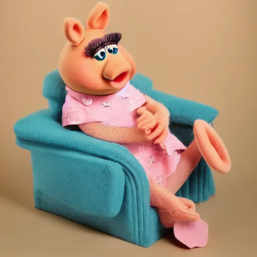 Image similar to miss piggy Muppet sitting on a chair