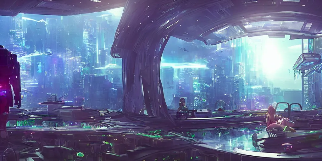 Prompt: a cinematic composition depicting : a translucid crystal being, behind their hud viewing out of their window how a high tech lush solarpunk tribe collaborating with their technologic android helpers encroaching on a distant cyberpunk world at sunrise