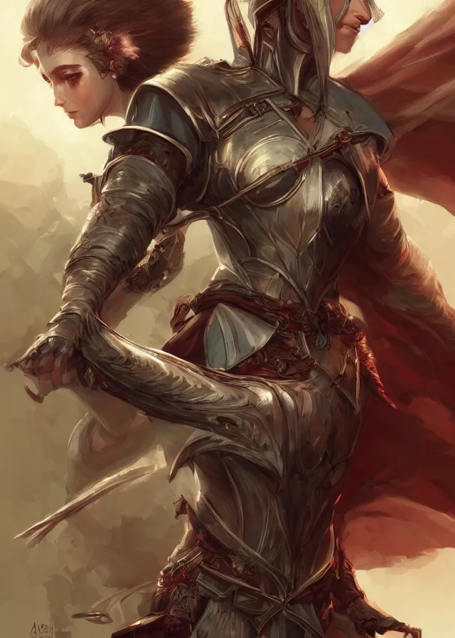 Prompt: a beautiful hyper realistic detailed epic concept art showing a noble knight women and her spirit raccoon above her, by artgerm, charlie bowater, in the style of dragon age, featured on artstation