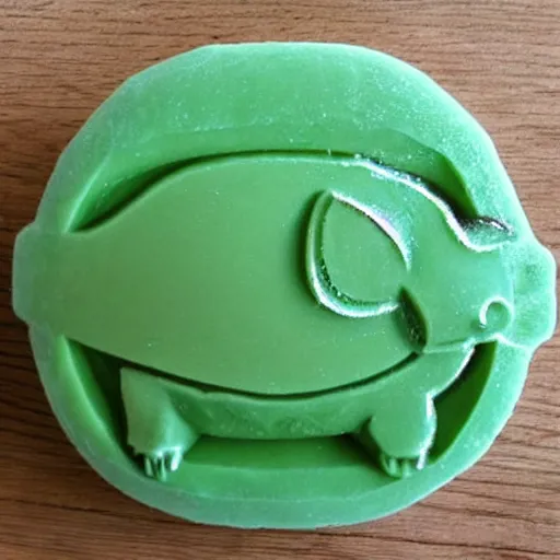 Prompt: bulbasaur carved out of lime green bar of soap