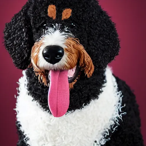 Image similar to a closeup photorealistic photograph of a cute smiling knitted bernedoodle judge dog dressed in a black gown, presiding over the courthouse. indoors, professional capture, well lit shot. this 4 k hd image is trending on artstation, featured on behance, well - rendered, extra crisp, features intricate detail, epic composition and the style of unreal engine.