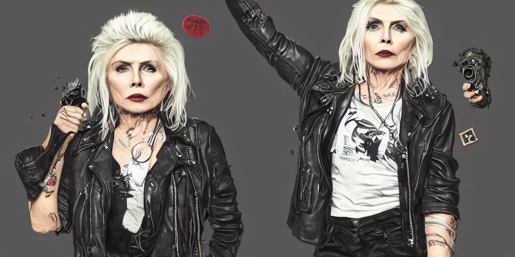 Image similar to debbie harry wanderer with tattooed arms and legs wearing a scratched leather and ripped aviator leather jeans, wearing a short black jacket with rusty medals on it, character sheet, head details, props, concept design, contrast, kim jung gi, greg rutkowski, trending on artstation, 8 k, full body, turnaround, ultra wide angle, pincushion lens effect