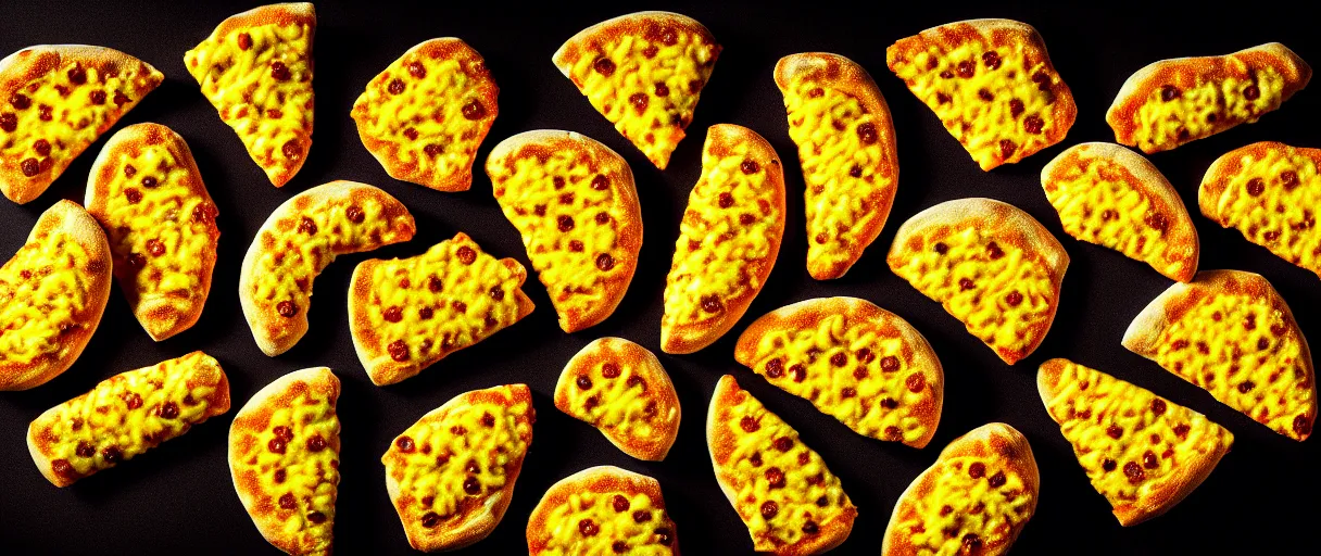 Prompt: hyperrealistic pizza slices and chicken nuggets pop art walter battiss dramatic yellow lighting low angle hd 8k sharp shallow depth of field