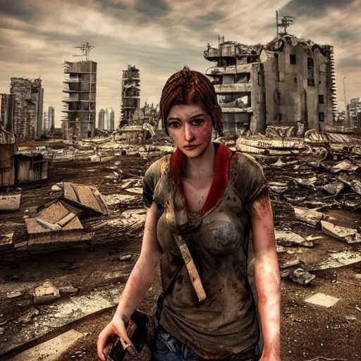 Image similar to pretty face, wide angle lens, photorealistic, 4k, background of destroyed city post apocalyptic, steakpunk, soft lighting, portrait