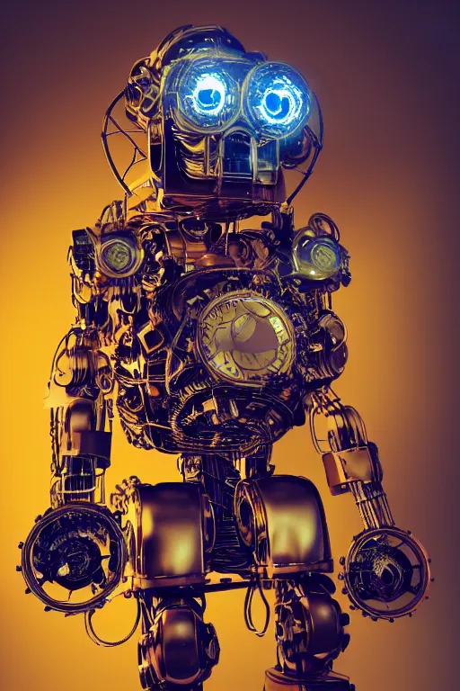 Image similar to portrait photo of a giant huge golden and blue metal humanoid steampunk robot, the head is a huge camera, with gears and tubes, eyes are glowing red lightbulbs, shiny crisp finish, 3 d render, 8 k, insaneley detailed, fluorescent colors, background is multicolored lasershow
