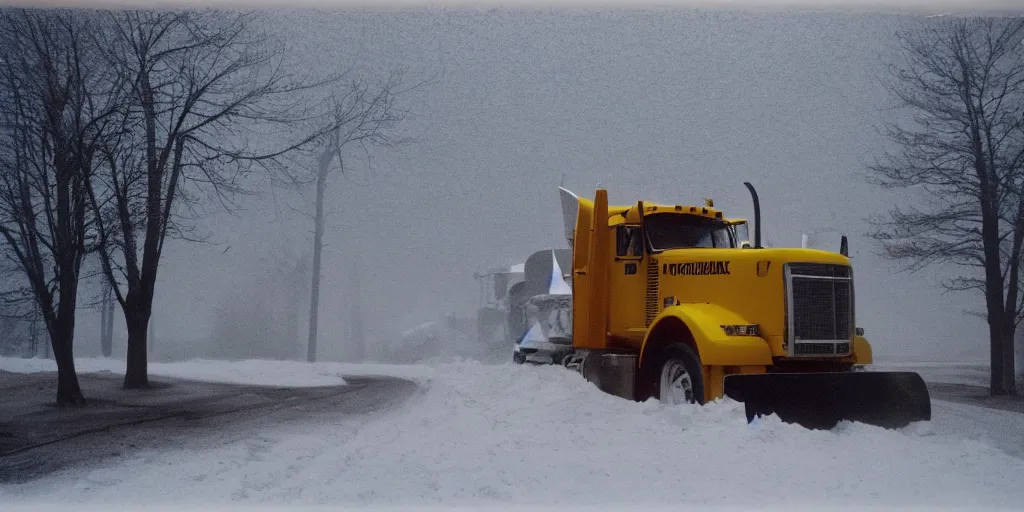 Image similar to photo, big snow plow truck is in the distance with a bright headlighta. cold color temperature, snow storm. hazy atmosphere. humidity haze. kodak ektachrome, greenish expired film, award winning, low contrast,