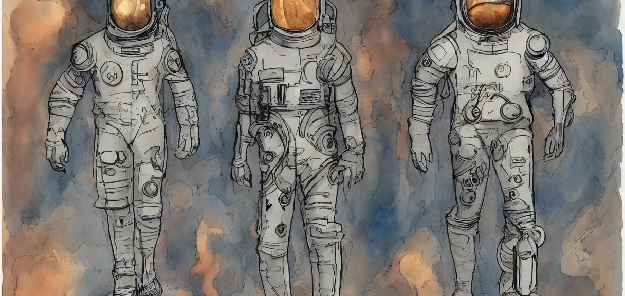 Prompt: male, full body, space suit with a modern helmet, character sheet, science fiction, very stylized character design, pen and ink, digital painting, watercolor wash, by mike mignola, by alex maleev, jean giraud