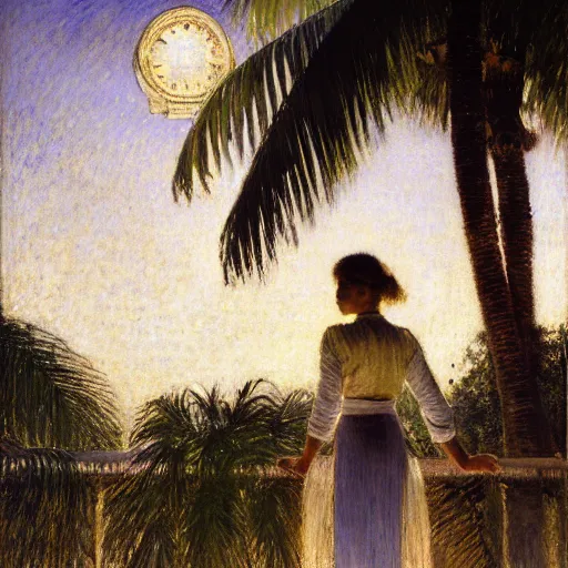 Image similar to a ultradetailed beautiful painting of a girl at night on the amazonas palace by jules bastien - lepage, hans belmer, frank weston and gustave baumann, trending on artstation, mediterranean, palm trees, light sparkles, sharp focus, soft light, 8 k 4 k