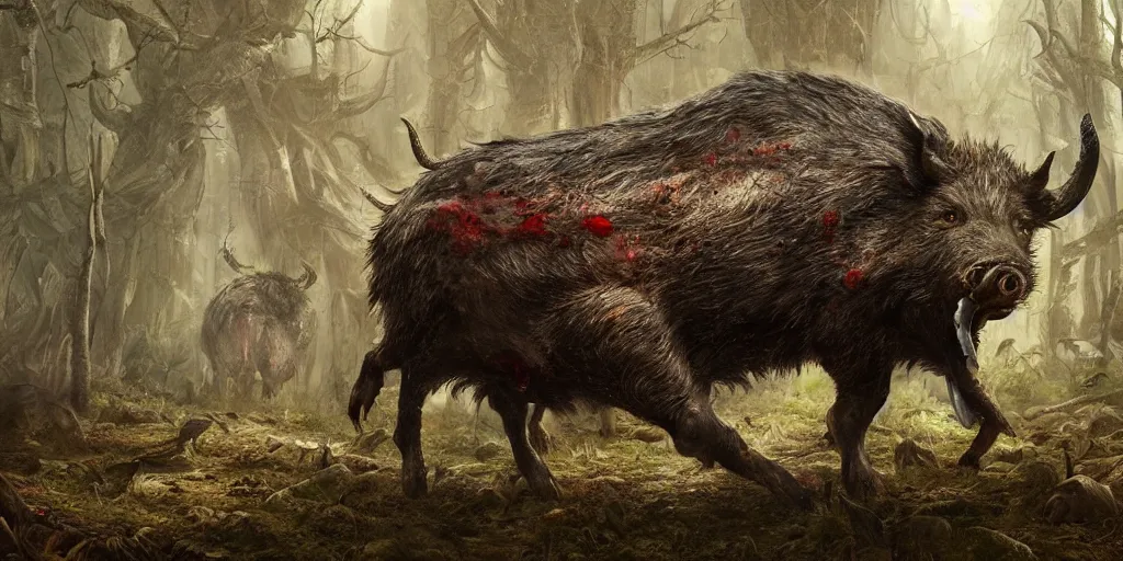 Image similar to giant wild boar god with bloody eyes and many tusks, in dark woods, dim colors, forest, highly detailed illustration, masterpiece, fantasy, magical, hyperdetailed, realistic, witch fairytale, 4 k, 8 k, highly detailed matte painting, dungeons and dragons