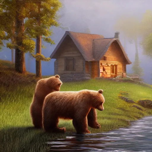 Image similar to cottage with three humanoid bear cubs in front, aesthetic, oil painting, pale colors, high detail, 8 k, wide angle, trending on artstation,