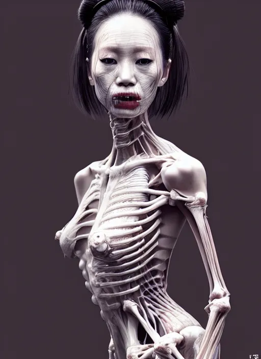 Prompt: 3 / 4 portrait, geisha girl with transparent skin, visible muscle and bones and veins and nerves, david cronenberg, hyperrealism, detailed textures, photorealistic 3 d cyberpunk apocalyptic city, futuristic clothing and helmet, ultra realistic, cinematic, intricate, cinematic light, unreal engine 8 k, octane render, unreal engine by david kostic and stanley lau and artgerm