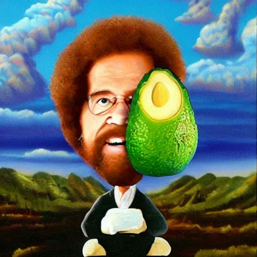 Image similar to bob ross embedded in an avocado, surrealist painting