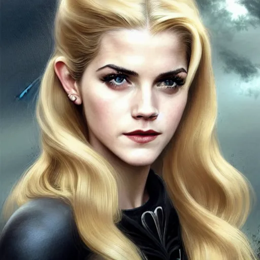 Prompt: A combination of Katheryn Winnick's and Grace Kelly's and Emma Watson's faces with blonde hair as Bat Girl, western, D&D, fantasy, intricate, elegant, highly detailed, digital painting, artstation, concept art, matte, sharp focus, illustration, art by Artgerm and Greg Rutkowski and Alphonse Mucha