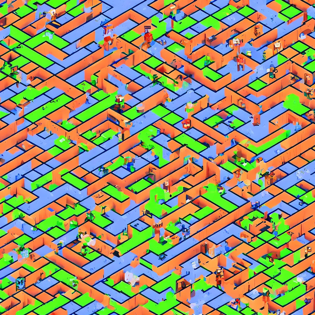 Image similar to wimmelbilder maze made of space invaders, arcade, 8 - bit, isometric, very sharp