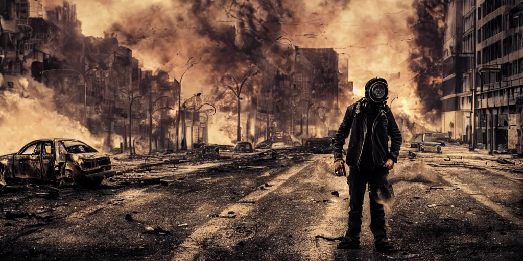 Image similar to post - apocalyptic city streets, close - up shot of an anarchist with a gasmask, burning cars, explosions, acid color smoke, hyperrealistic, gritty, damaged, dark, urban photography, photorealistic, high details