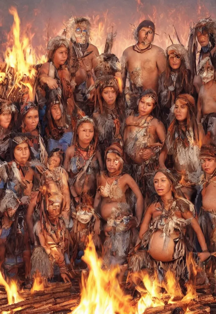 Prompt: realistic bonfire tribe gather with a pregnant woman as her leader, intense blue eyes, realistic, antartica