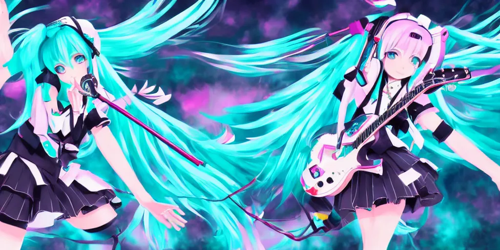 Image similar to hatsune miku preforming on stage , digital art, art station, trending on art station, anime, colorful art