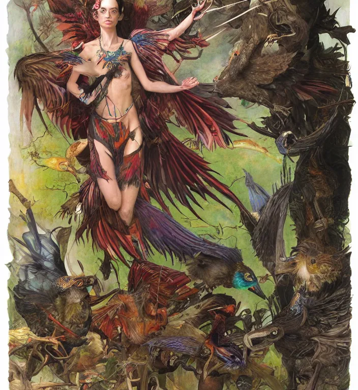 Prompt: a portrait photograph of a meditating fierce krysten ritter as a colorful harpy bird super hero with mutated sclaed skin. she has many skin grafts and cyborg body modifications. by donato giancola, hans holbein, walton ford, gaston bussiere, peter mohrbacher and brian froud. 8 k, cgsociety
