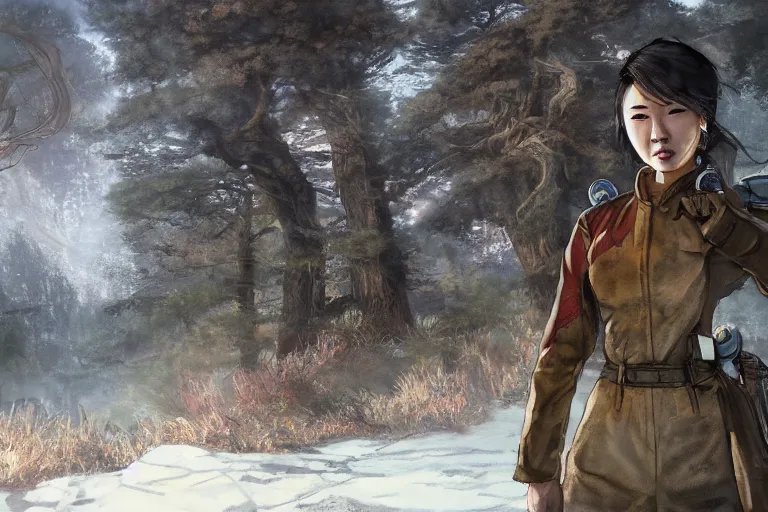 Image similar to fallout 5, charismatic beautiful rugged asian female protagonist, portrait, outdoors in forest, tori gate and shinto shrine in the background, atmospheric lighting, painted, intricate, volumetric lighting, daytime, winter, clear weather, sharp focus, ultra detailed, art by william turner