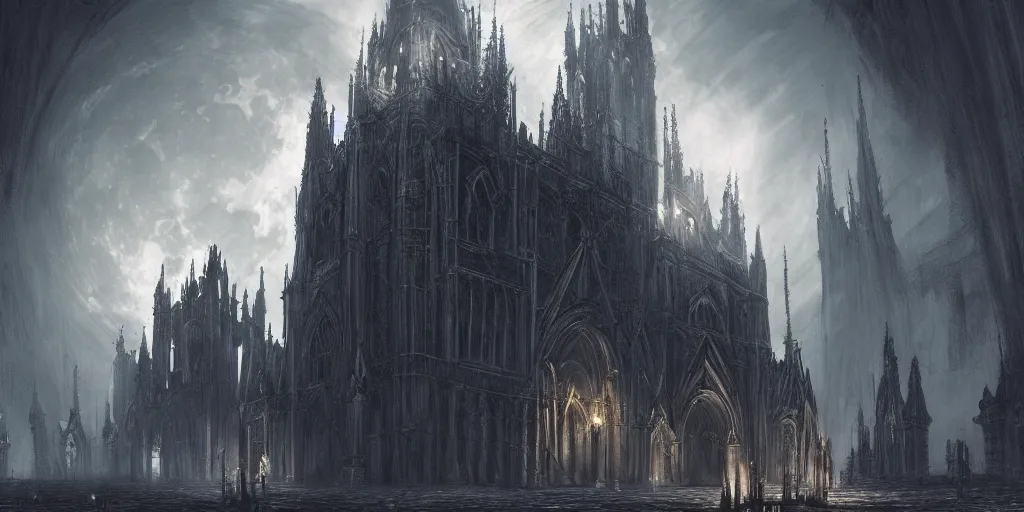 Prompt: inside cathedral from bloodborne, gothic art, dark fantasy, concept art, digital painting, trending on art station, night time render, moon light, god rays, highly detailed