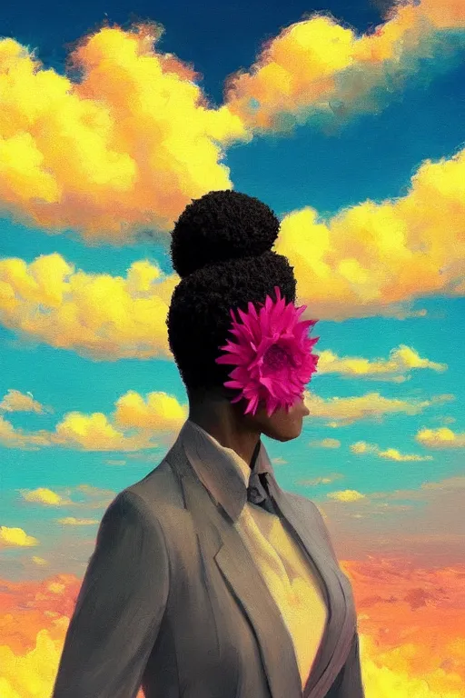 Image similar to closeup, giant flower as head, black woman in suit, surreal photography, golden hour, colorful clouds, impressionist painting, digital painting, artstation, simon stalenhag