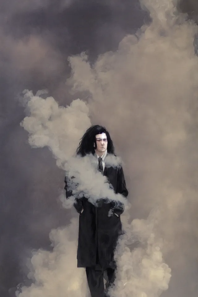 Image similar to painting of a man with pale skin and long-black hair, latex suit and raincoat, floating in smoke, in the style of phil hale and yoshitaka amano