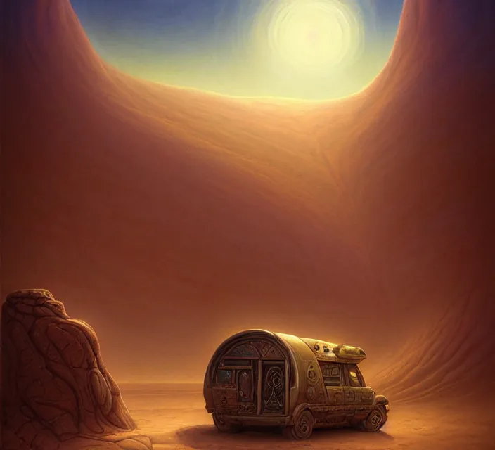 Image similar to subsurface scattering, a desert caravan rests at an oasis, the art of athas and dark sun, brom's dark sun art on a 7 0's style fantasy novel cover, oasis in desert, digital painting by brom, amazingly detailed d & d art, concept art, intricate details, beautiful, volumetric lighting, ultrarealistic, cgsociety, artstation