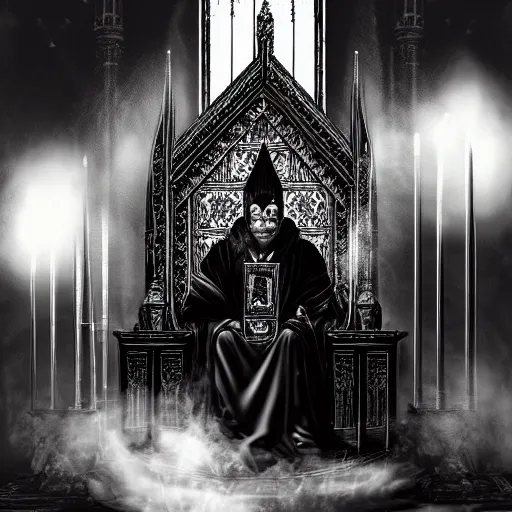 Prompt: an ultra detailed black and white tarot card of the evil patriarch with pitch black eyes wearing his royal robes and sitting imperiously on his throne high in the cathedral, concept art, incense smoke drifting through the air, portrait, artstation, volumetric lighting, exquisite detail, octane render, 8 k postprocessing, art by john collier and albert aublet