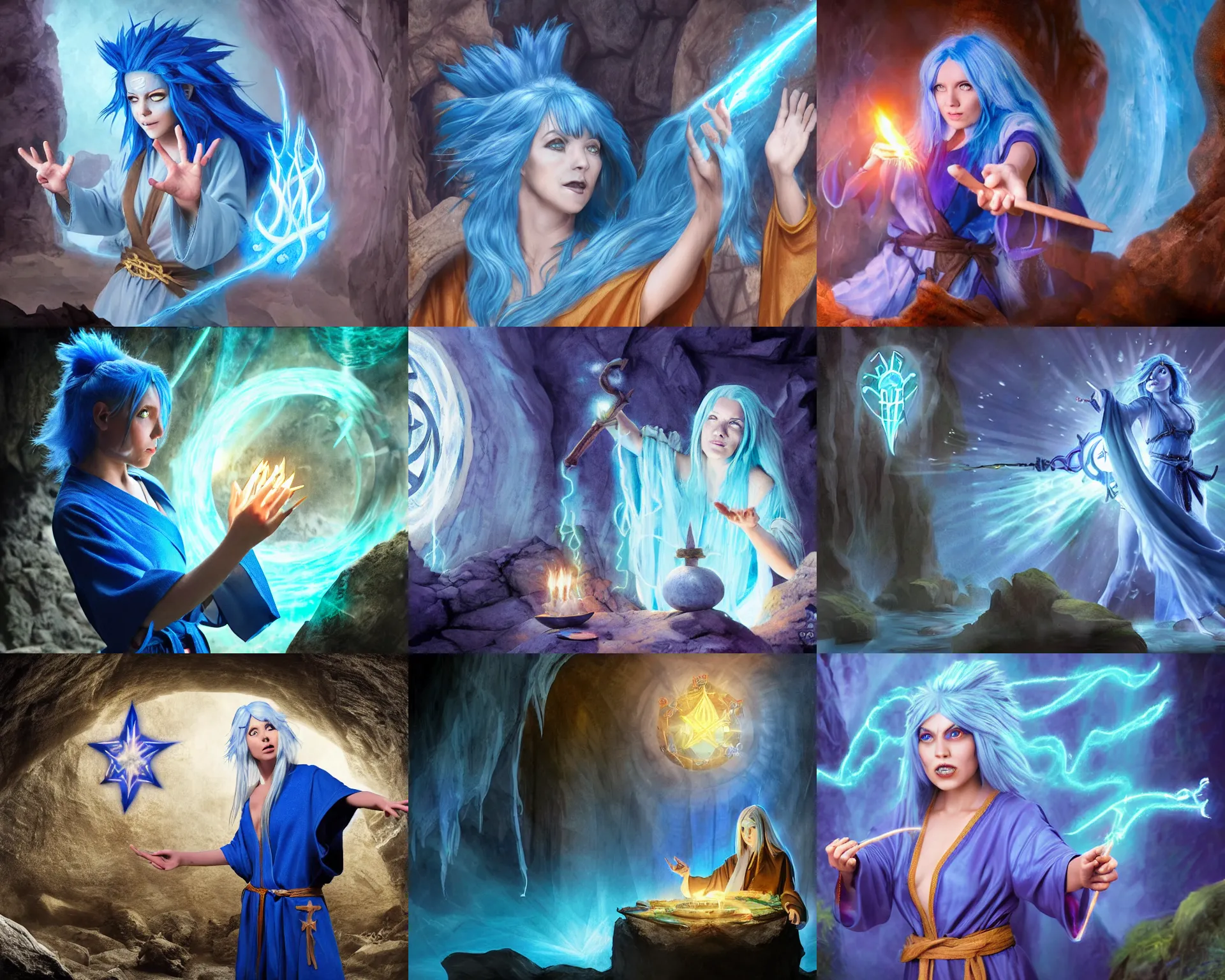 Prompt: blue haired female with cult robes casting a magic spell with floating symbols in a cave, dnd, rpg, cosplay, masterpiece, fantasy artwork, high fantasy, illustration style by weta digital,