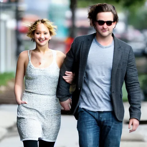 Image similar to Jennifer Lawrence and Jennifer Lawrence walking down the street, holding hands, smiling, soft focus, medium shot,