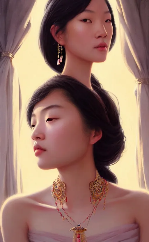 Image similar to a beautiful young charming asian goddess with sundress + jewelry + shinny eyes | | winter, symmetric, realistic shaded, unpleasant face, good looking, fine details, dior, lv, realistic shaded lighting poster by greg rutkowski, macoto takahashi, magali villeneuve, artgerm, jeremy lipkin and michael garmash