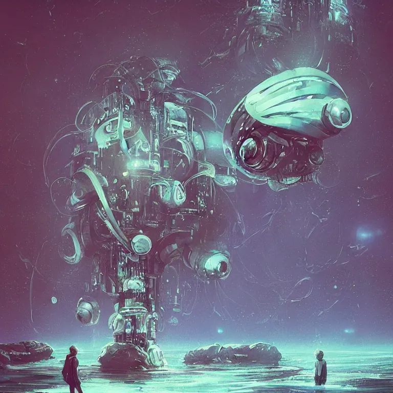 Prompt: mechanical nautilus robotic dripping wet emerging from a the ocean blast off, sci - fi concept art, by john harris, by simon stalenhag, stunning, award winning