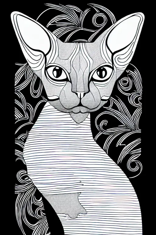 Image similar to sphynx cat statue ornaments fractal ink drawing line art colouring page, vector, margins, fine lines, centered