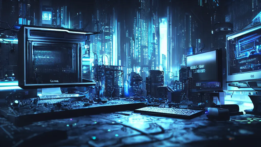 Prompt: a cyberpunk overpowered computer. Overclocking, watercooling, custom computer, cyber, mat black metal, alienware, futuristic design, Beautiful dramatic dark moody tones and lighting, Ultra realistic details, cinematic atmosphere, studio lighting, shadows, dark background, dimmed lights, industrial architecture, Octane render, realistic 3D, photorealistic rendering, 8K, 4K, computer setup, highly detailed, desktop computer, desk, table, ikea