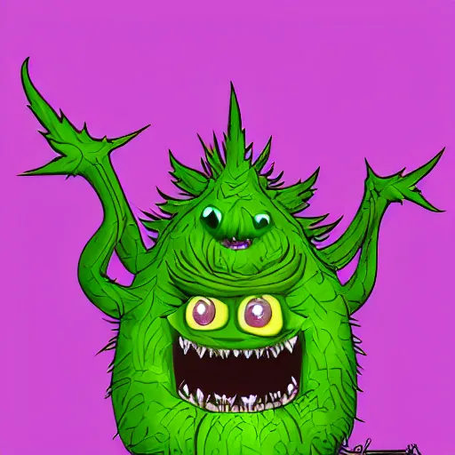 Image similar to Plant thistle monster with wicked smile and amber teeth, green body, digital art style, trending on art station