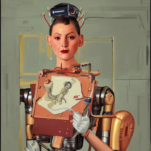 Prompt: robot artist painting a self - portrait on a canvas. intricate, highly detailed, photorealistic, film still, in the style of alexandros pyromallis, and in the style of sachin teng, and in the style of gil elvgren.