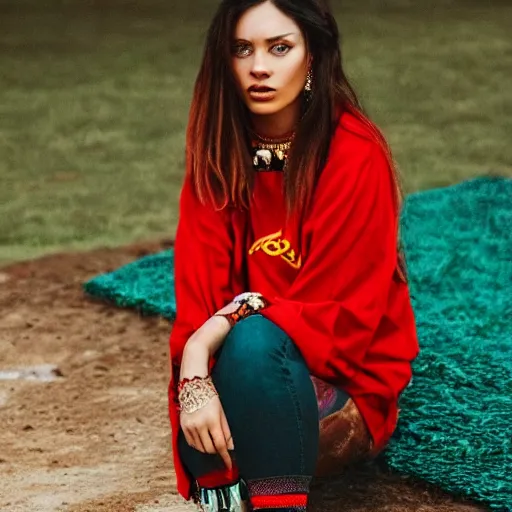 Image similar to high quality photo of a beautiful woman wearing tribe clothes. moody and melanchony with accents of gold, red and cyan.