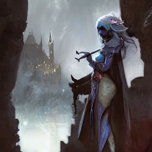 Prompt: portrait of a drow elf, dungeons and dragons character, castle background, gorgeous view, realistic, high detail, digital art, painted by greg rutkowski, painted by jeremy mann, trending on artstation