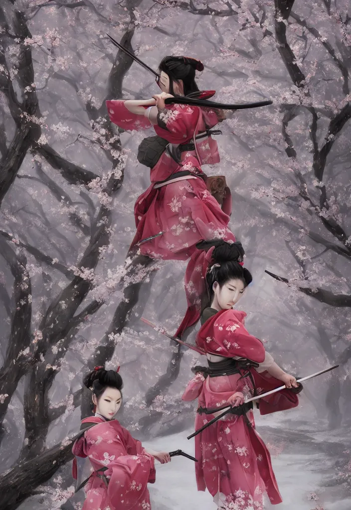 Prompt: detailed matte painting of girl samurai in hakama with swords and rifles, in snow forest sakura cherry blossom, taisho roman, by wlop and krenz kushart, elite, elegant, luxury, perfect face, fine details