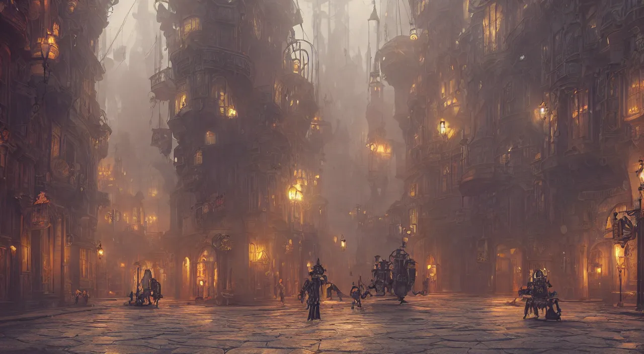 Image similar to a beautiful matte concept art painting of inside pov victorian style steampunk fantasy city streets with steampunk robots, concept art, deviantart, flickr, artstation, octane render, textured, colorful, very detailed, volumetric lighting, detailed lighting, octane render, 4 k, cinematic lighting, 8 k resolution