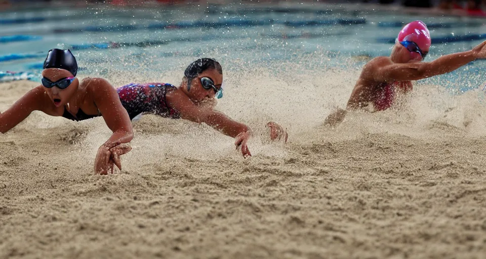 Image similar to olympic swimming in sand instead of water, extremely coherent, motion blur