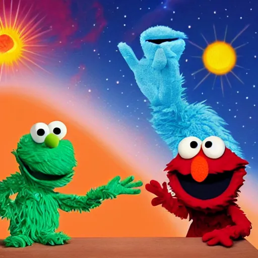 Image similar to the creation of adam but with elmo and the cookie monster instead, sesame street, in an absurdist style, heavenly, cosmic, god rays, intricate detail, 8 k,