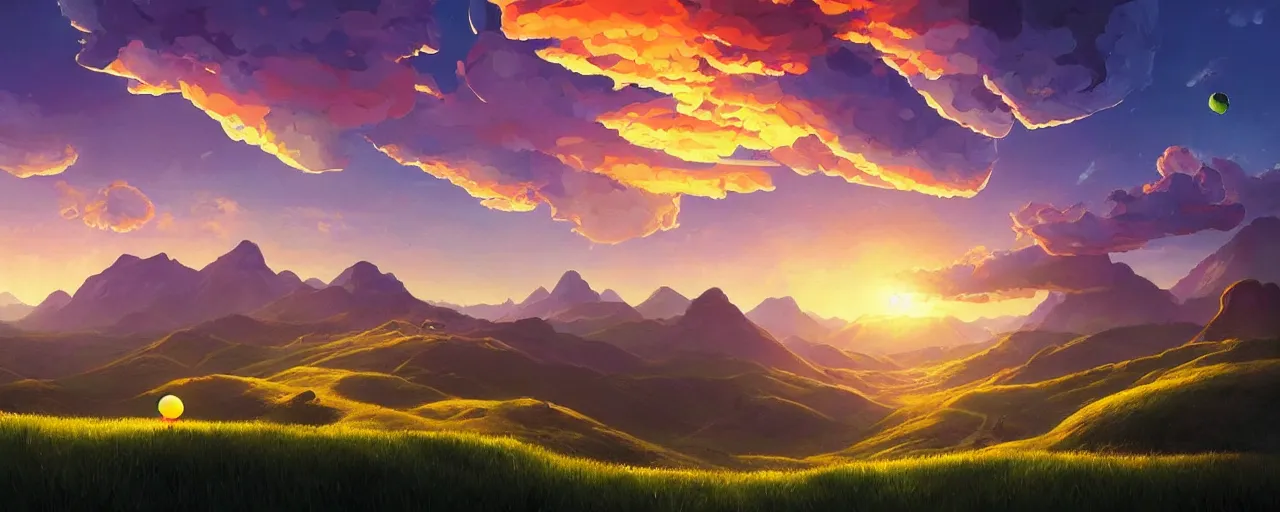 Prompt: detailed round pacman, with ghosts, in a beautiful nature landscape with clouds, mountains, in background, sunset, by rhads, round pacman, detailed, coherent