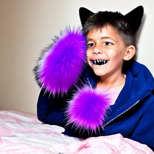 Prompt: monster red eye sharp teeth spiky fur:: bedroom:: closet:: kid in bed:: horror:: blue, red, purple, black:: realistic