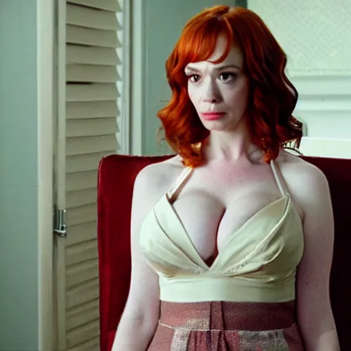 Image similar to a very surprised looking beautiful Christina Hendricks r in the living room, film still from the movie directed by Denis Villeneuve , wide lens