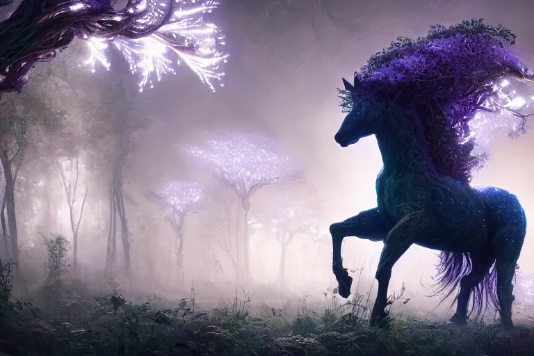 Prompt: a stunning horse made of stardust with a thick mane of bioluminescent vines and flowers running through the woods by greg rutkowski, high key lighting, volumetric light, digital art, highly detailed, fine detail, intricate, ornate, complex, octane render, unreal engine, photorealistic