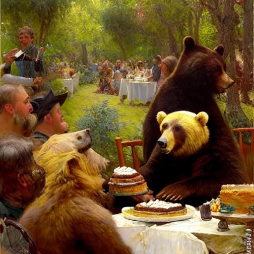 Prompt: a bear eating cake at his 7 0's birthday at a zoo, highly detailed painting by gaston bussiere, craig mullins, j. c. leyendecker