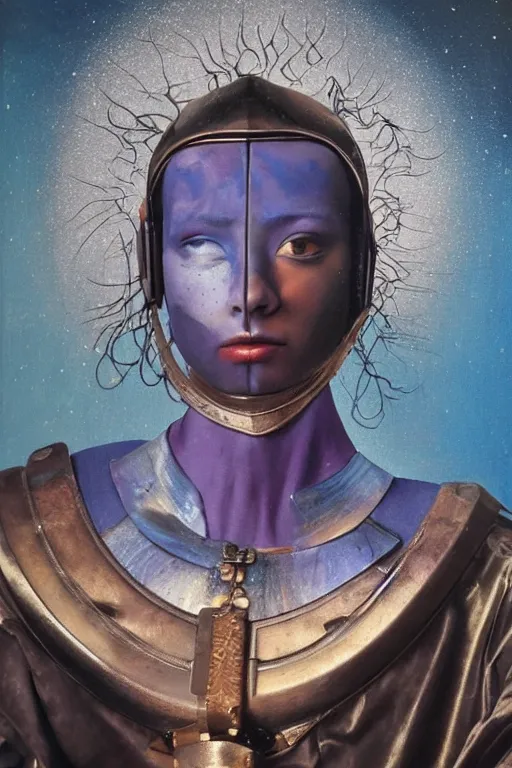 Image similar to hyperrealism oil painting, close - up portrait of medieval fashion model, warrior, steel gradient mixed with nebula sky, in style of baroque mixed with 7 0 s japan book art